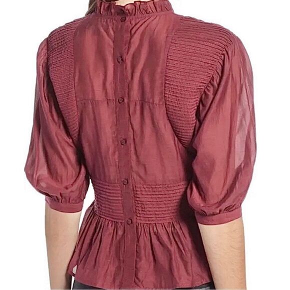 Something navy maroon pleated button back ruffle cupro top small coquette - Picture 3 of 8